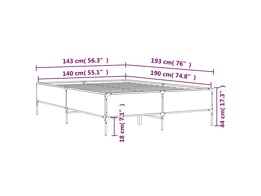 Estructura cama madera ingeniería metal roble ahumado 140x190cm