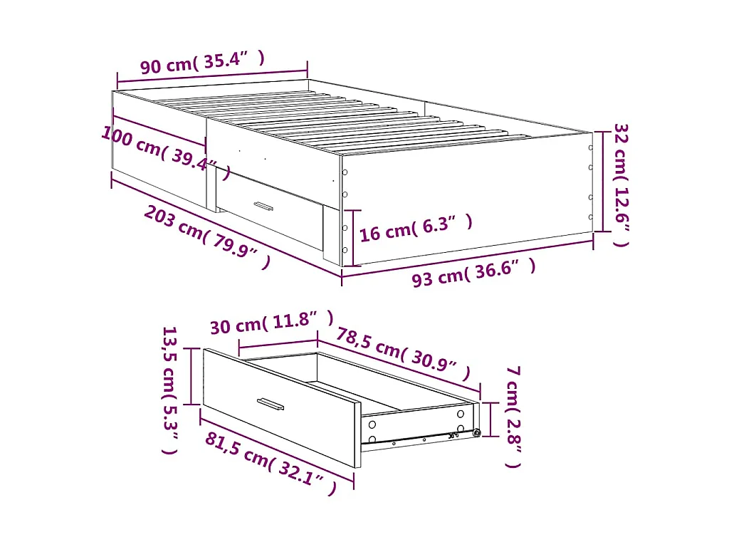 Bettgestell mit Schubladen Sonoma-Eiche 90x200cm Holzwerkstoff