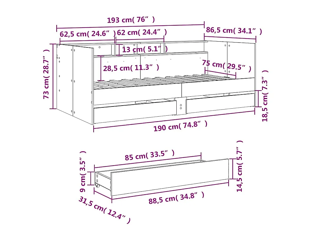 Lit de jour avec tiroirs sans matelas sonoma gris 75x190 cm