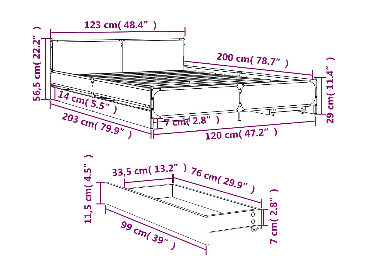 Cama con cajones madera de ingeniería negro 120x200 cm