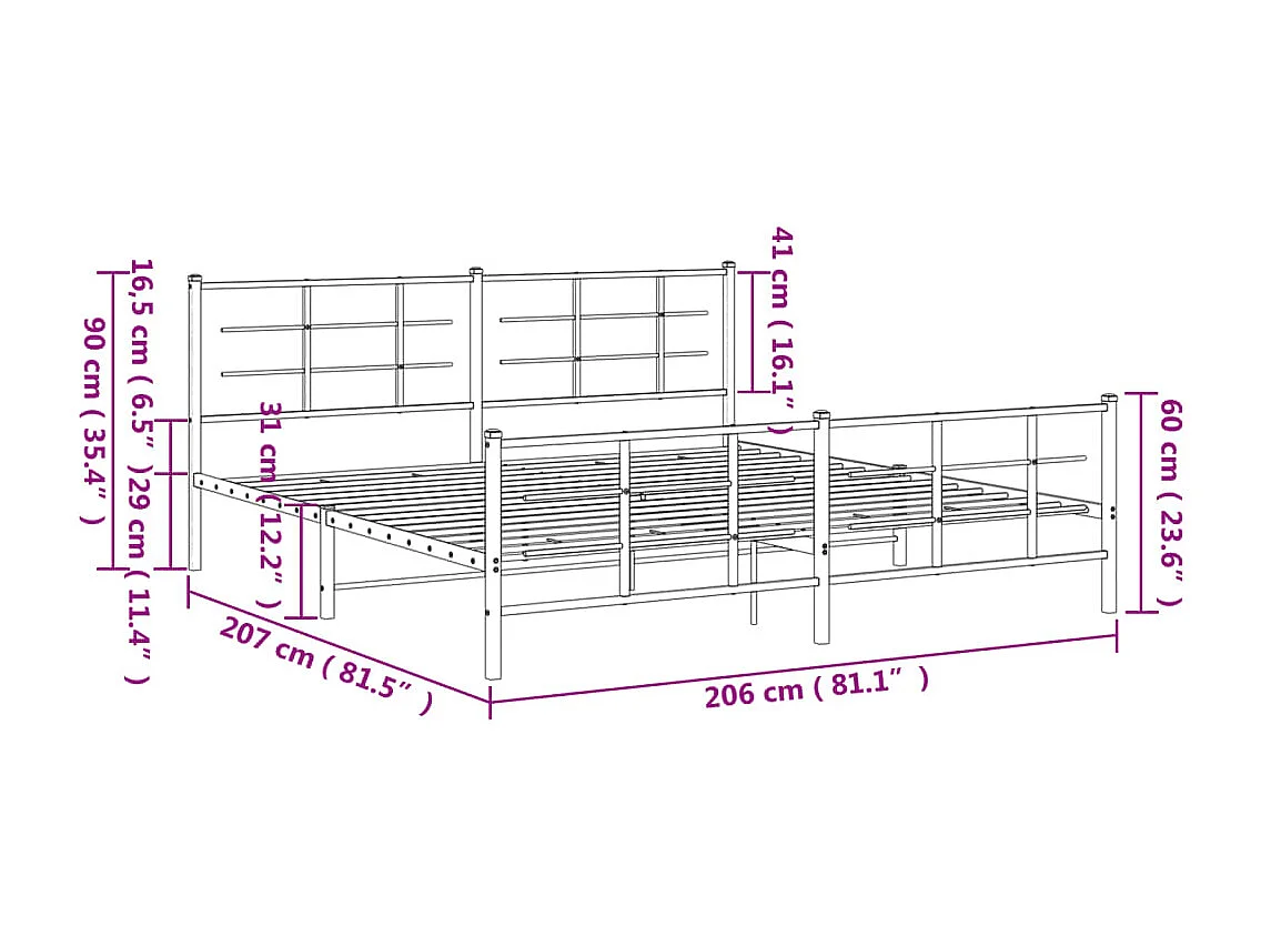 Cadre de lit métal sans matelas et pied de lit blanc 200x200 cm
