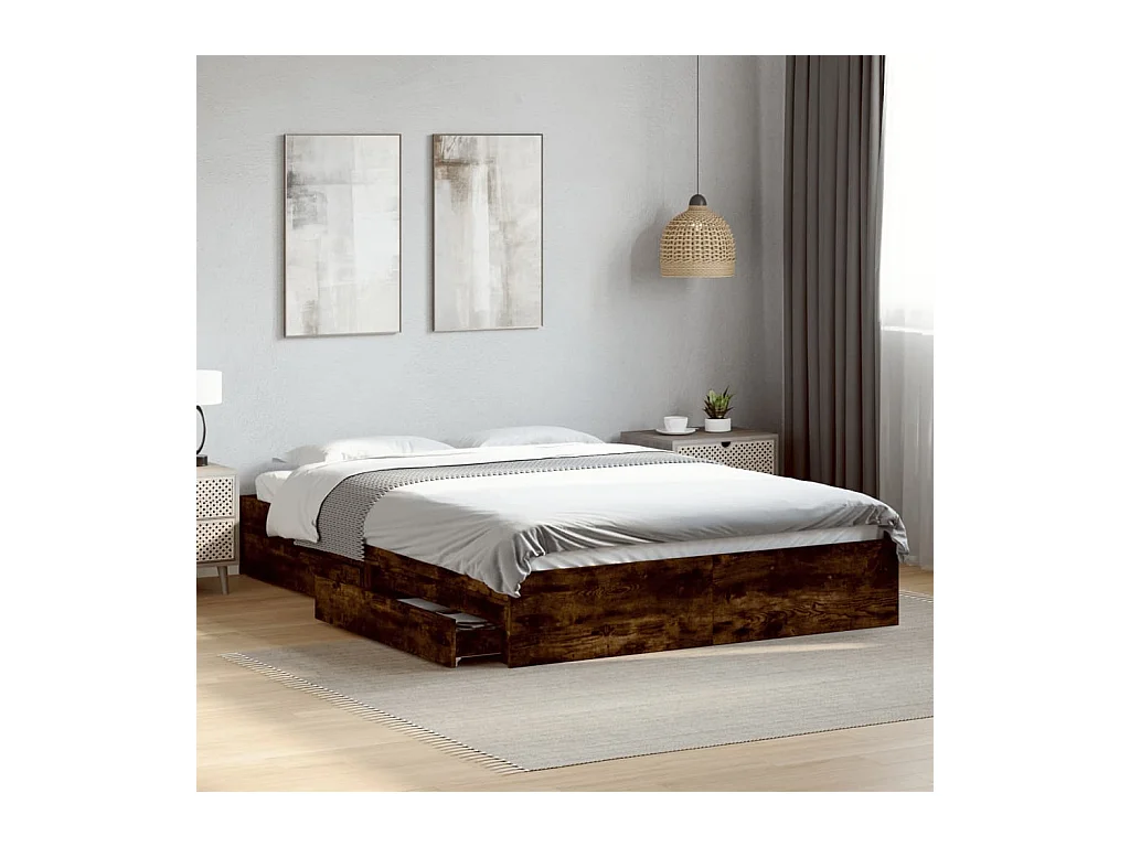 Cadre de lit avec tiroirs sans matelas chêne fumé 150x200 cm