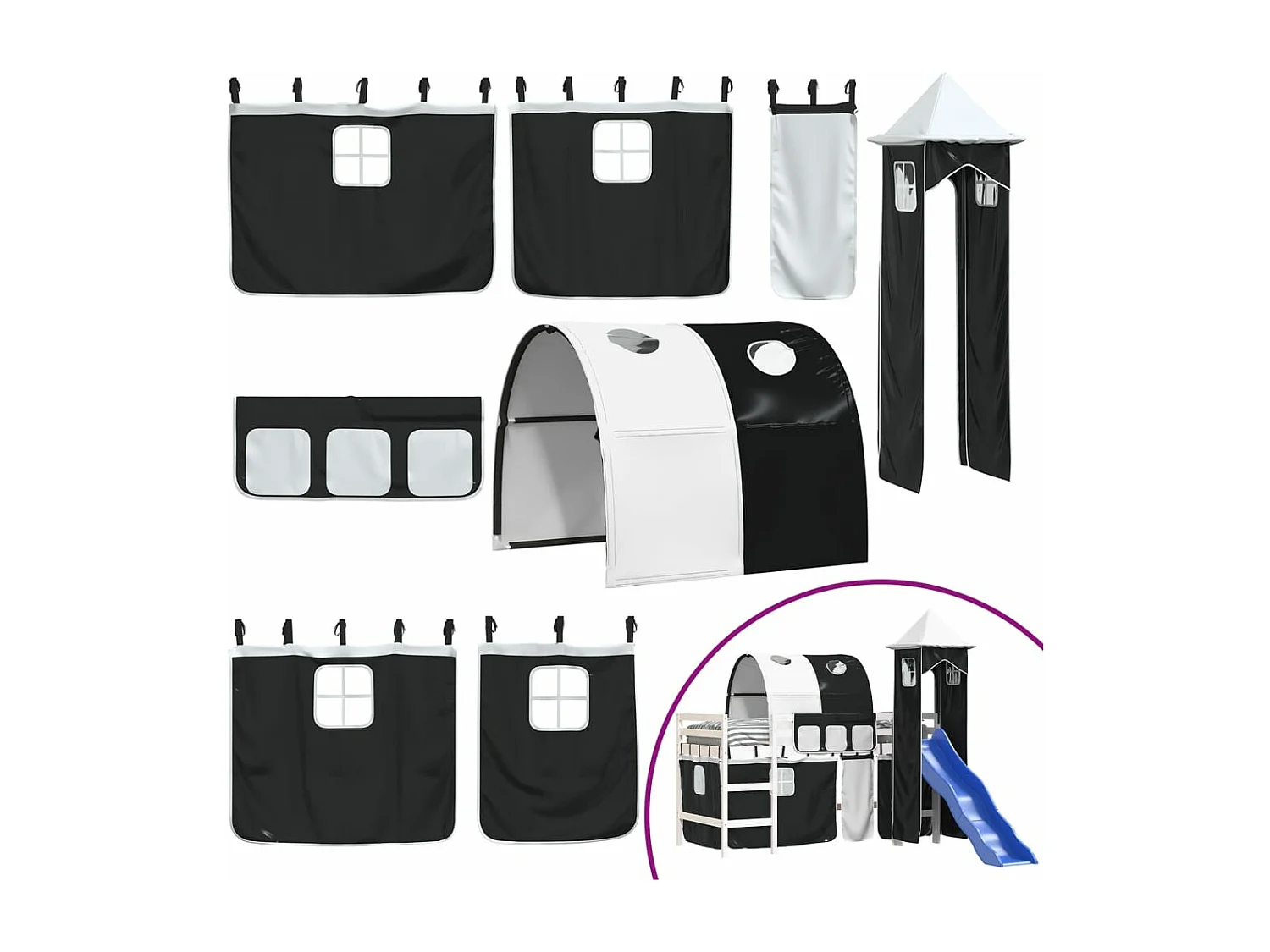 Kinderhochbett mit Turm Weiß & Schwarz 90x190 cm Kiefernholz