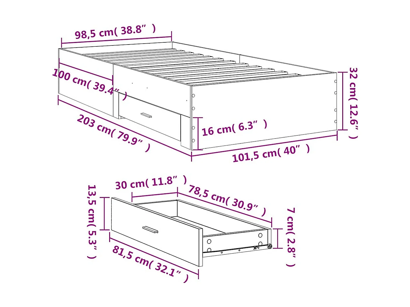 Bettgestell mit Schubladen Sonoma-Eiche 100x200cm Holzwerkstoff