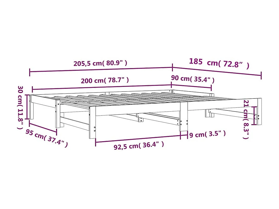 Slaapbank met onderschuifbed 90x200 cm massief grenenhout