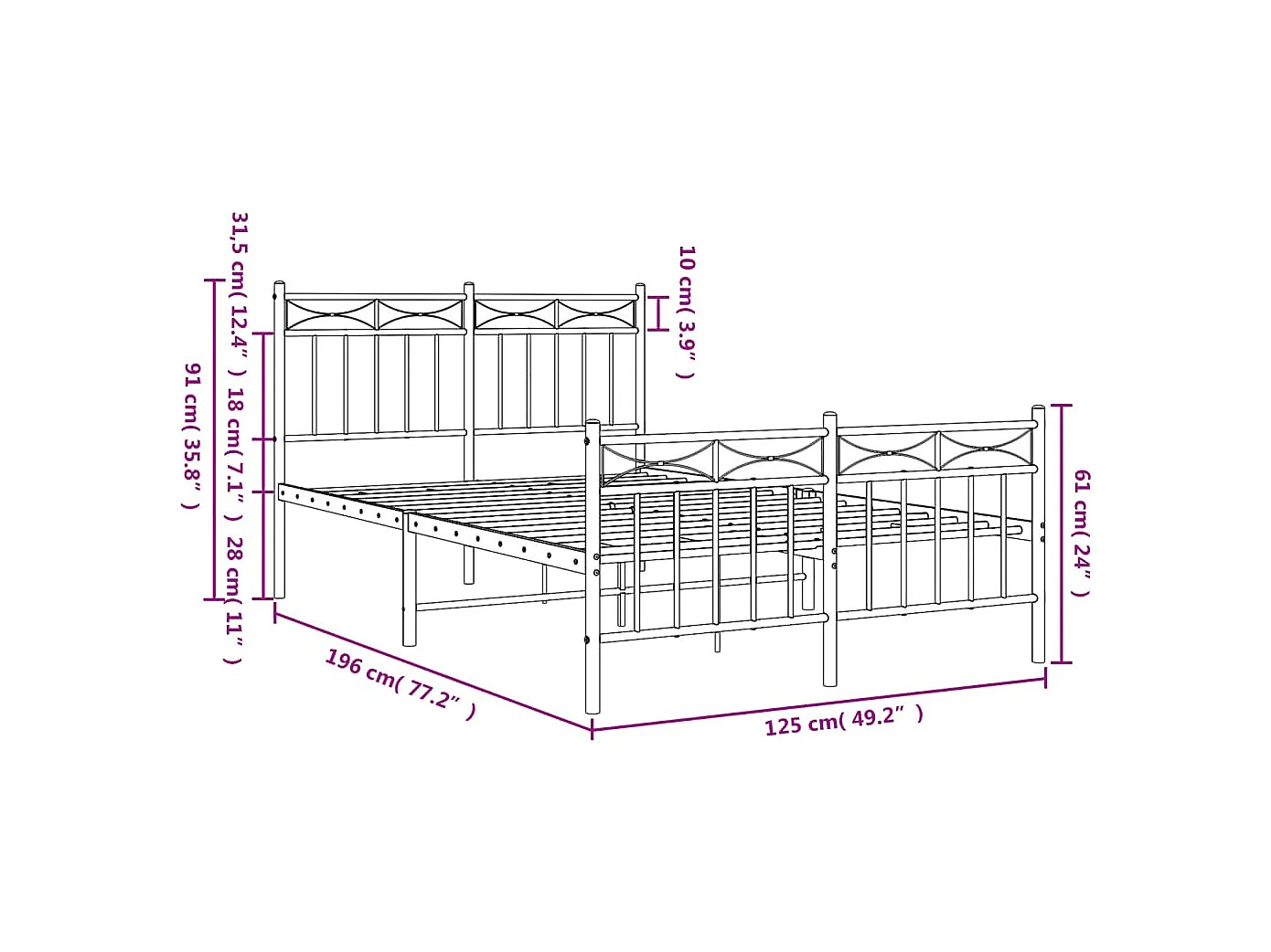 Giroletto con Testiera e Pediera Metallo Nero 120x190 cm