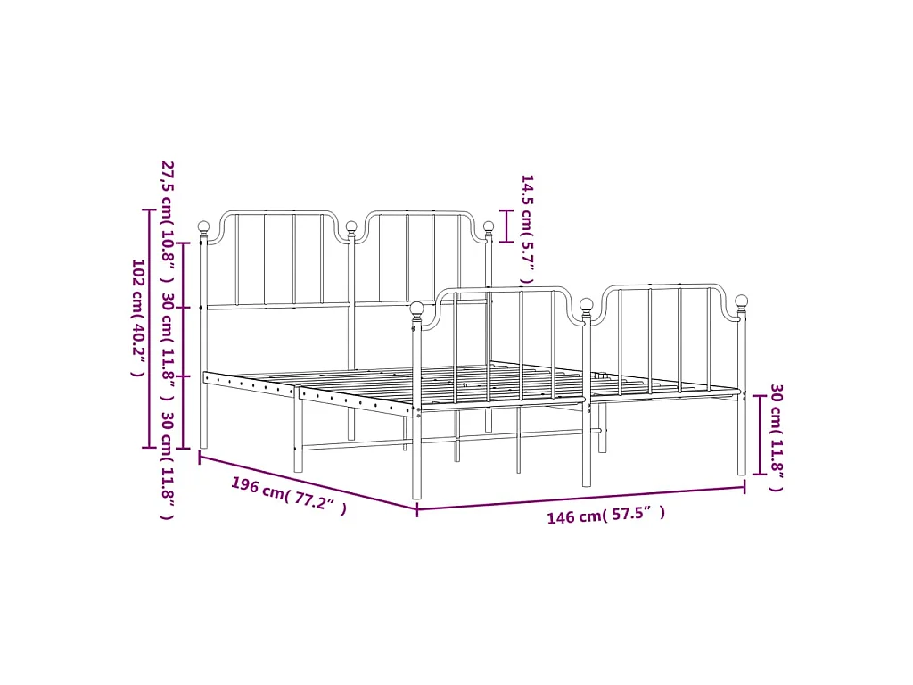 Cadre de lit métal sans matelas et pied de lit blanc 140x190 cm