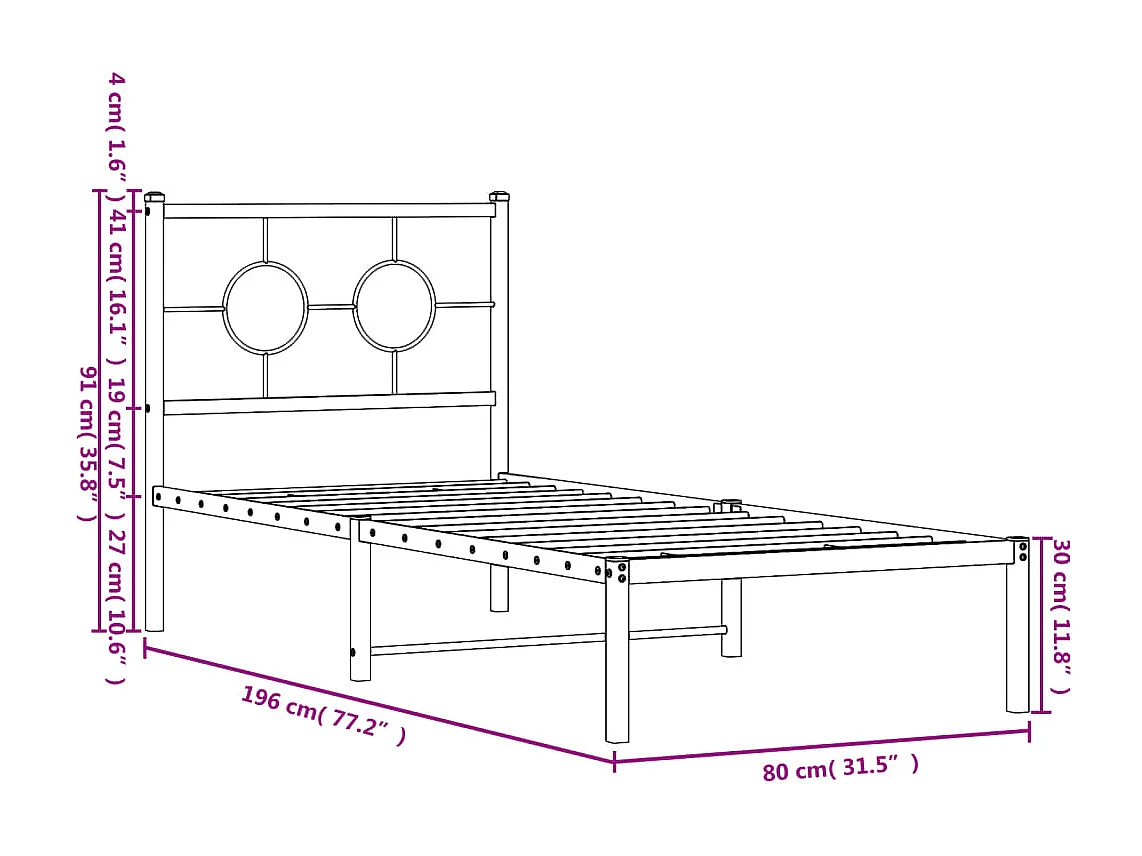 Cadre de lit métal sans matelas avec tête de lit blanc 75x190cm