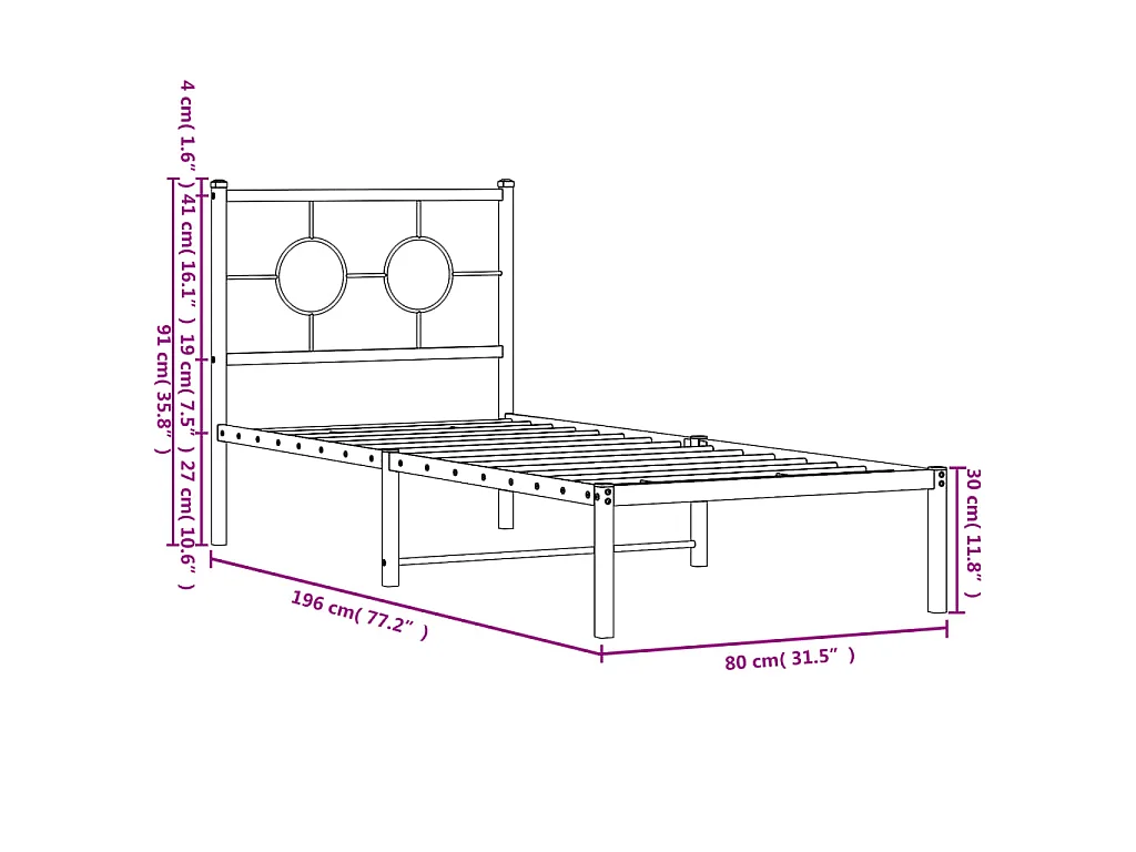 Cadre de lit métal sans matelas avec tête de lit blanc 75x190cm