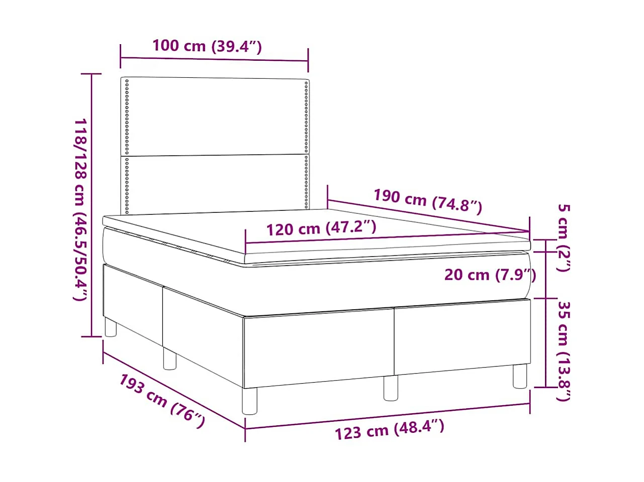 Sommier à lattes de lit matelas et LED taupe 120x190 cm tissu