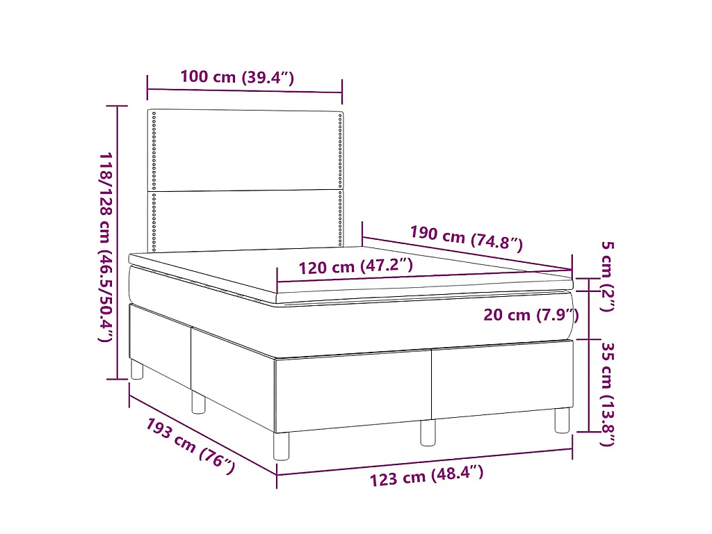 Sommier à lattes de lit matelas et LED taupe 120x190 cm tissu