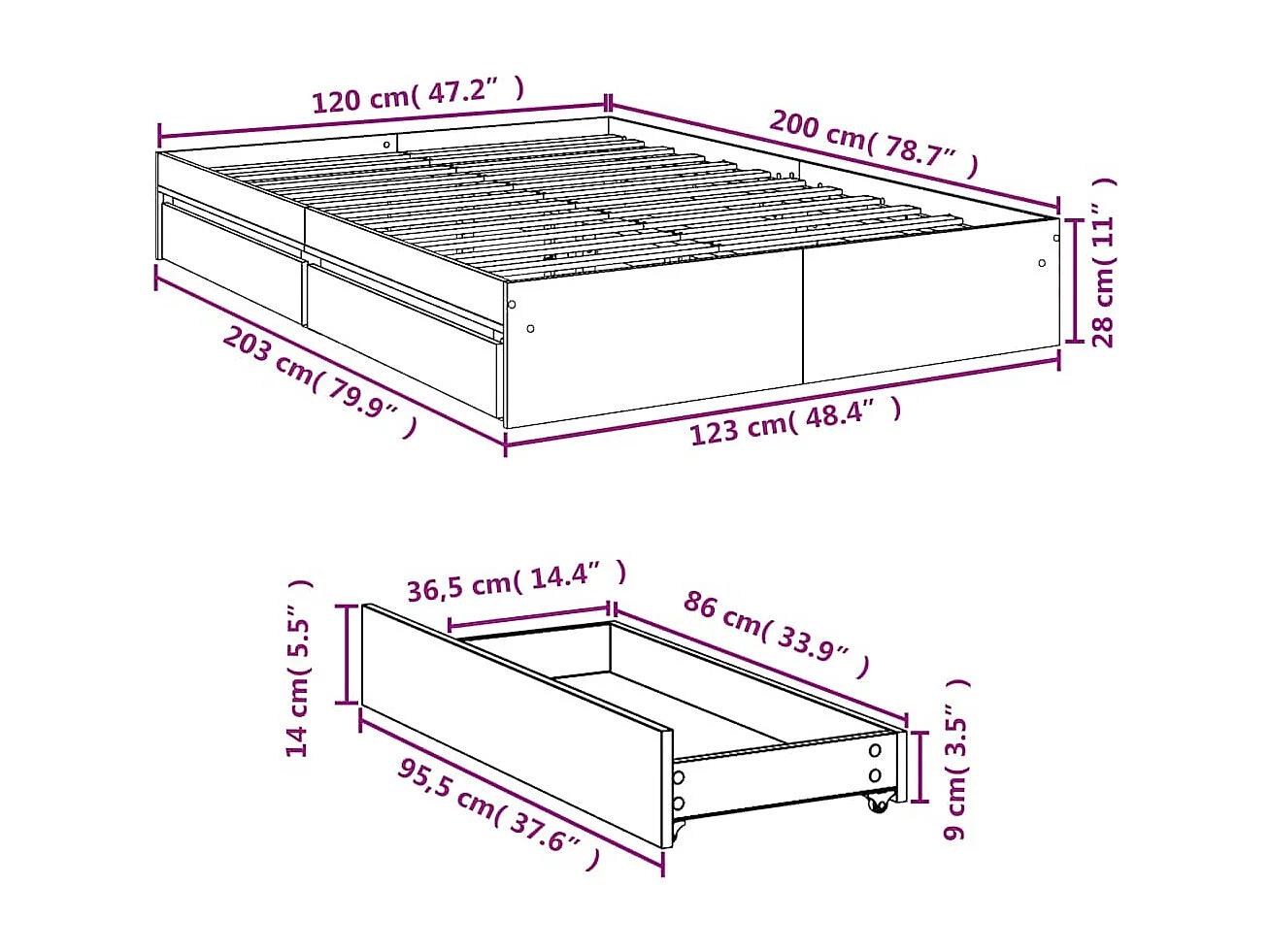 Cadre de lit avec tiroirs sans matelas noir 120x200 cm