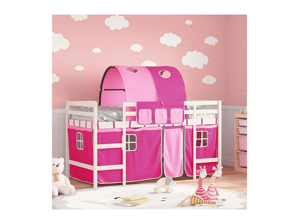 Lit mezzanine enfants avec tunnel sans matelas rose 90x190 cm