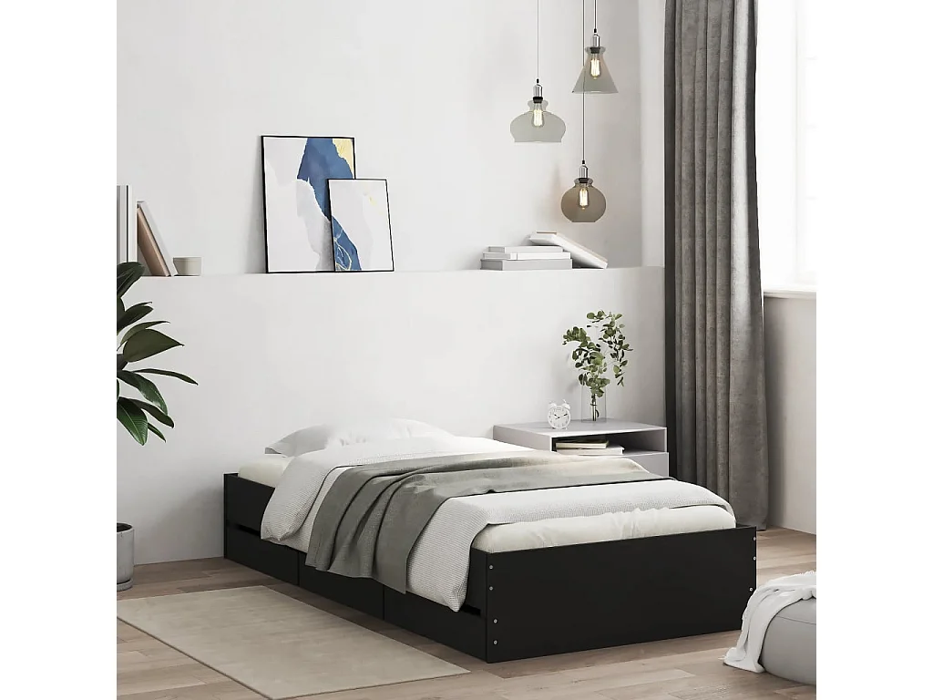 Cadre de lit avec tiroirs sans matelas noir 90x200 cm