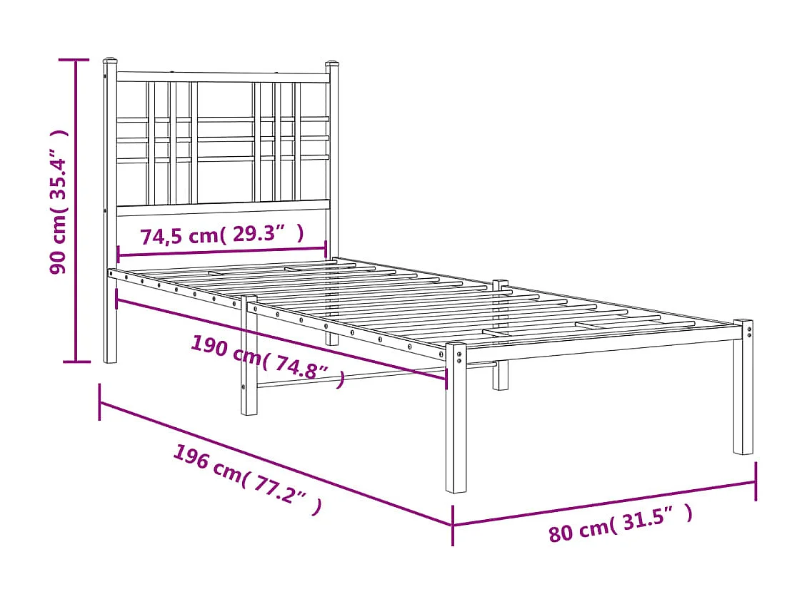 Cadre de lit métal sans matelas avec tête de lit blanc 75x190cm