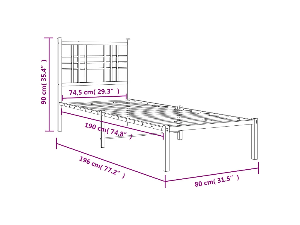 Cadre de lit métal sans matelas avec tête de lit blanc 75x190cm