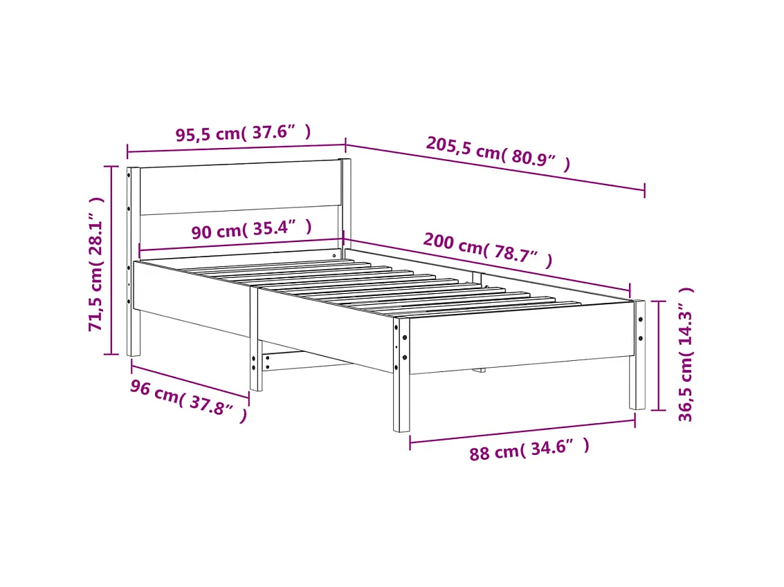Bedframe zonder matras massief grenenhout wasbruin 90x200 cm