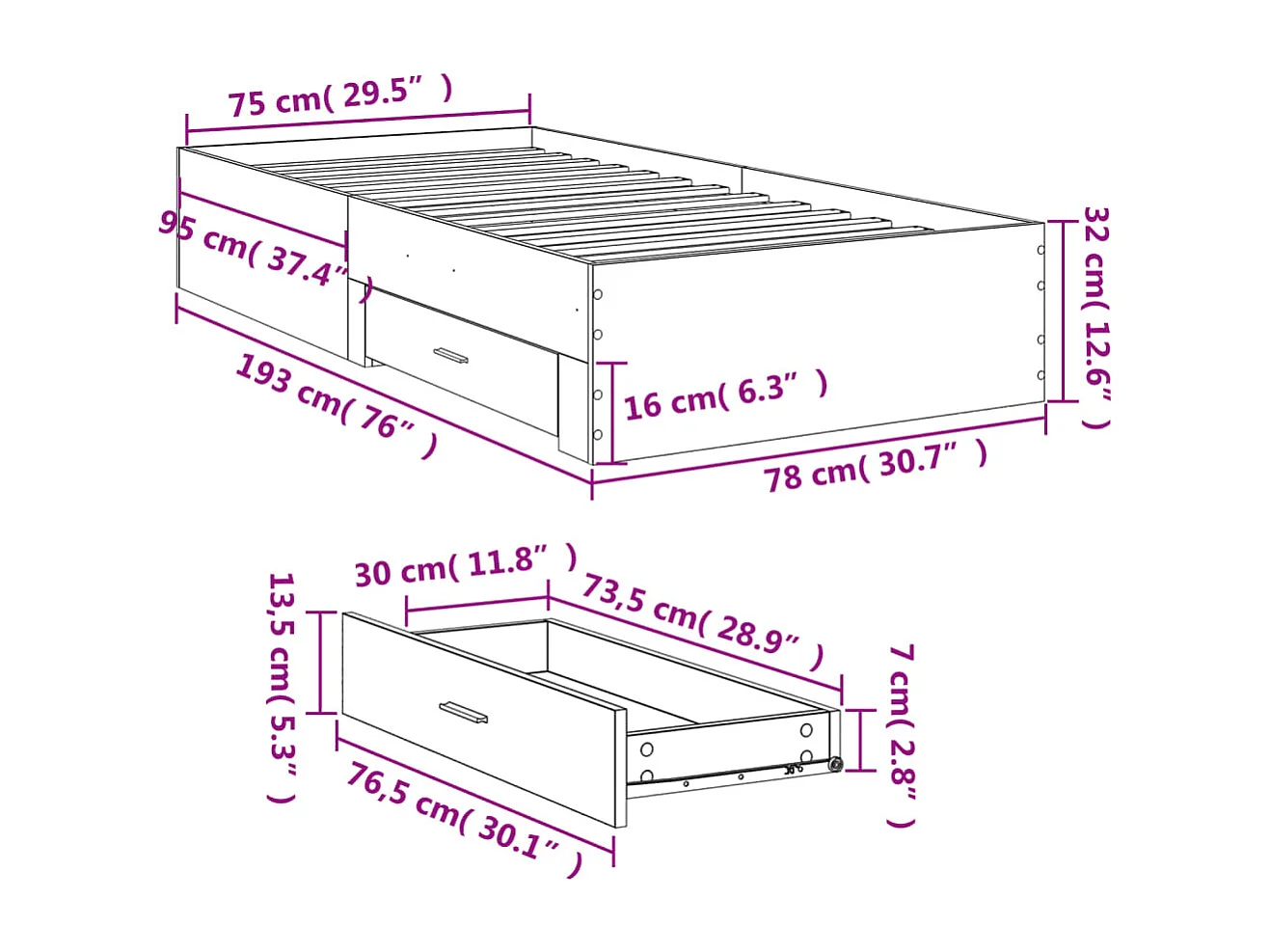 Bettgestell mit Schubladen Sonoma-Eiche 75x190 cm Holzwerkstoff