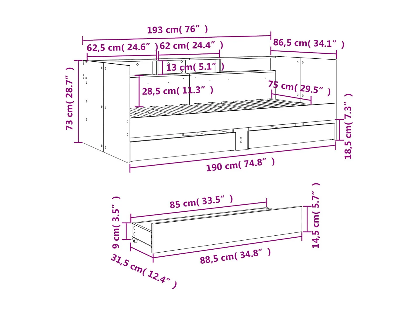 Divano Letto con Cassetti senza Materasso Bianco 75x190 cm