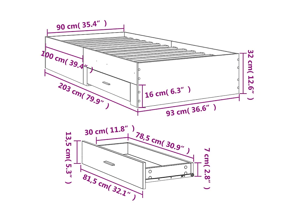 Cama con cajones madera de ingeniería blanca 90x200 cm