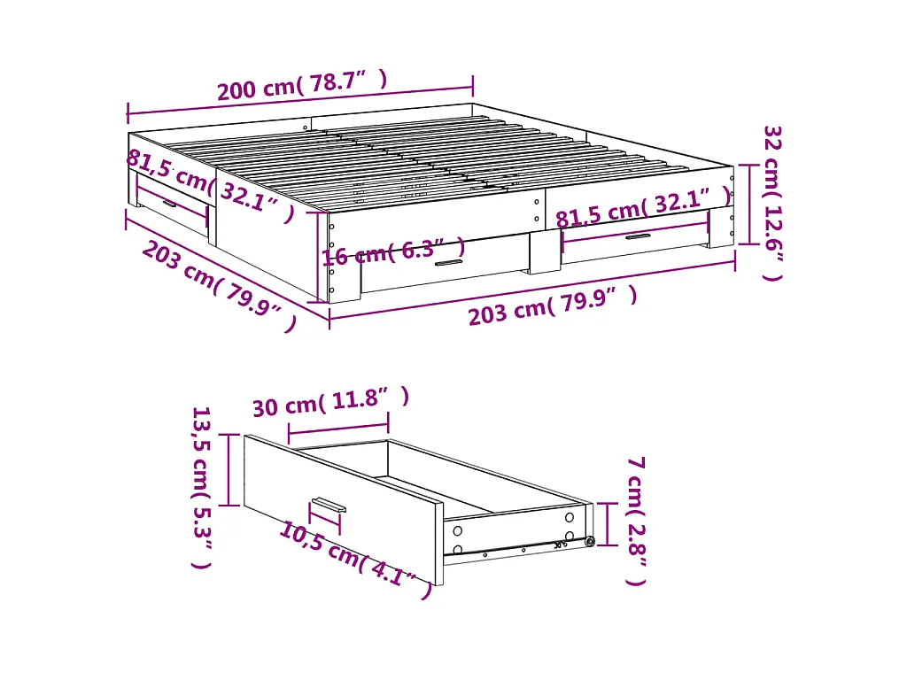 Bedframe met lades bewerkt hout wit 200x200 cm
