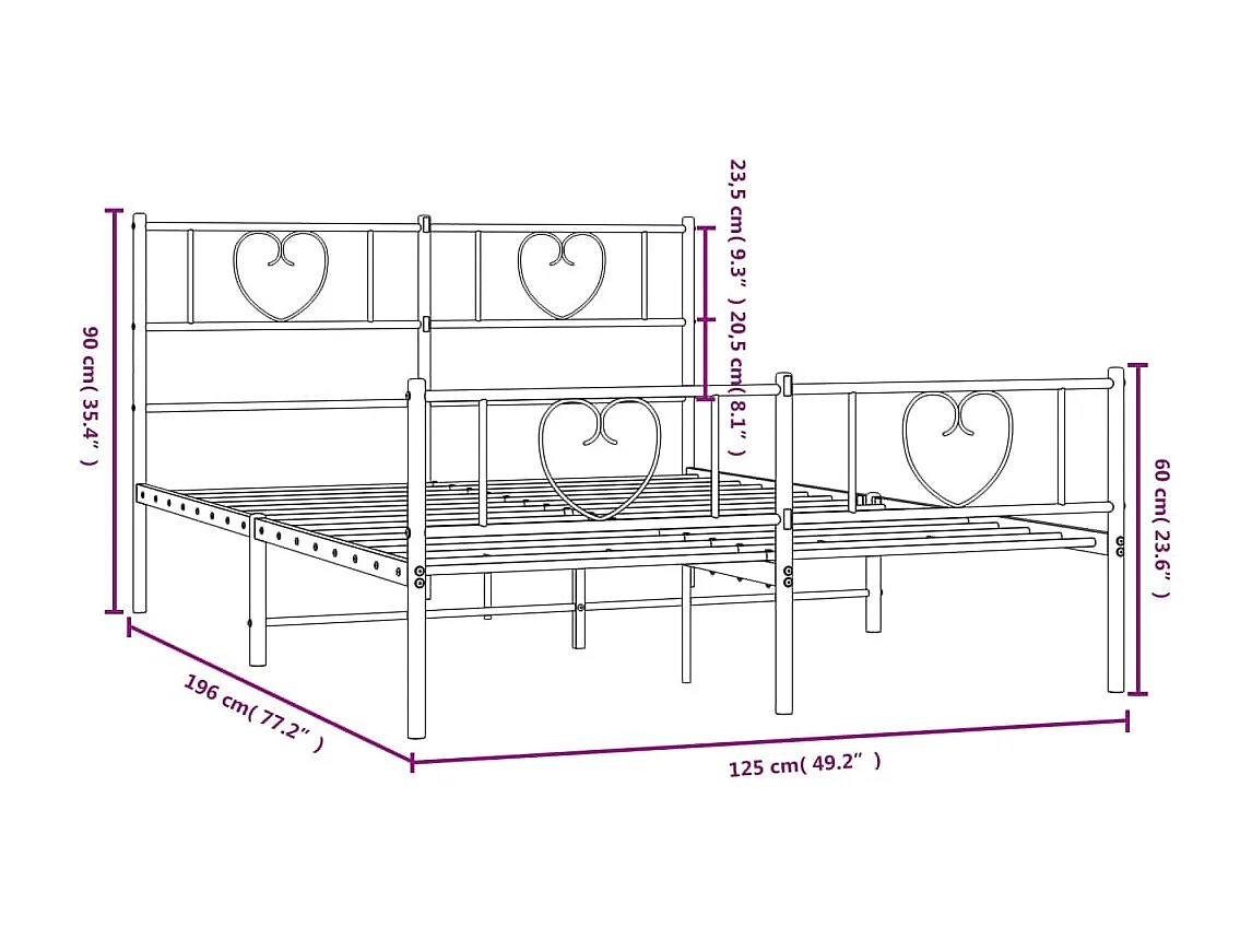 Estrutura de cama com cabeceira e pés 120x190 cm metal branco