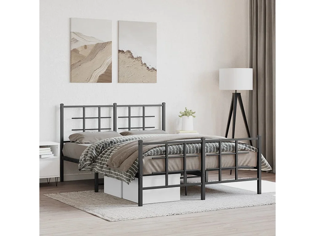 Cadre de lit métal sans matelas avec pied de lit noir 135x190cm