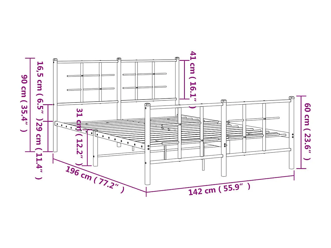 Cadre de lit métal sans matelas avec pied de lit noir 135x190cm
