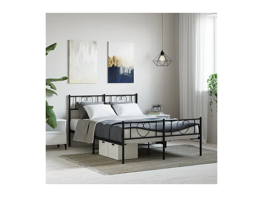 Cadre de lit métal sans matelas avec pied de lit noir 140x200cm