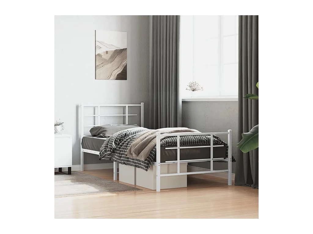 Cadre de lit métal sans matelas avec pied de lit blanc 90x190cm