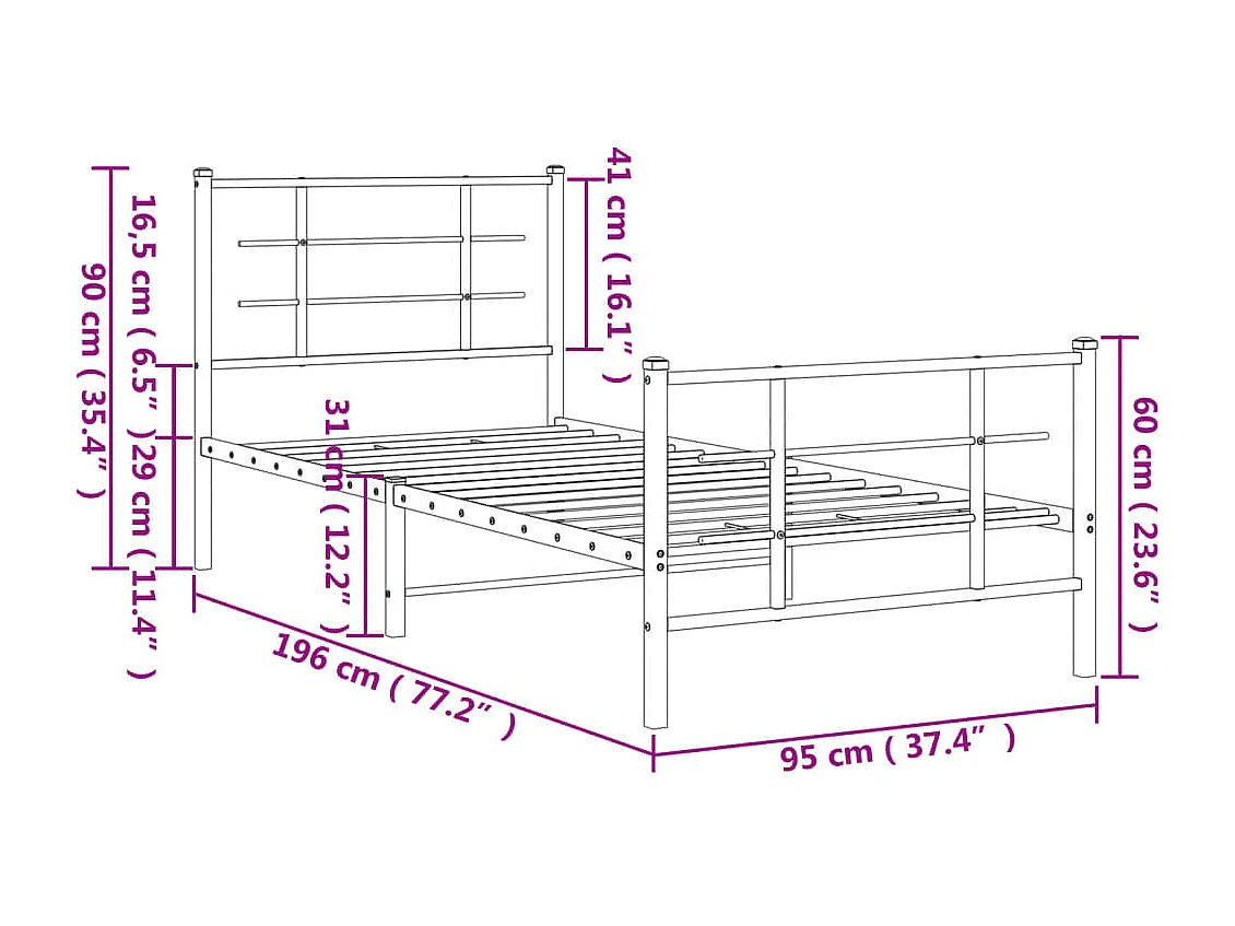Cadre de lit métal sans matelas avec pied de lit blanc 90x190cm