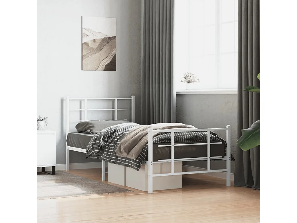 Cadre de lit métal sans matelas avec pied de lit blanc 90x190cm