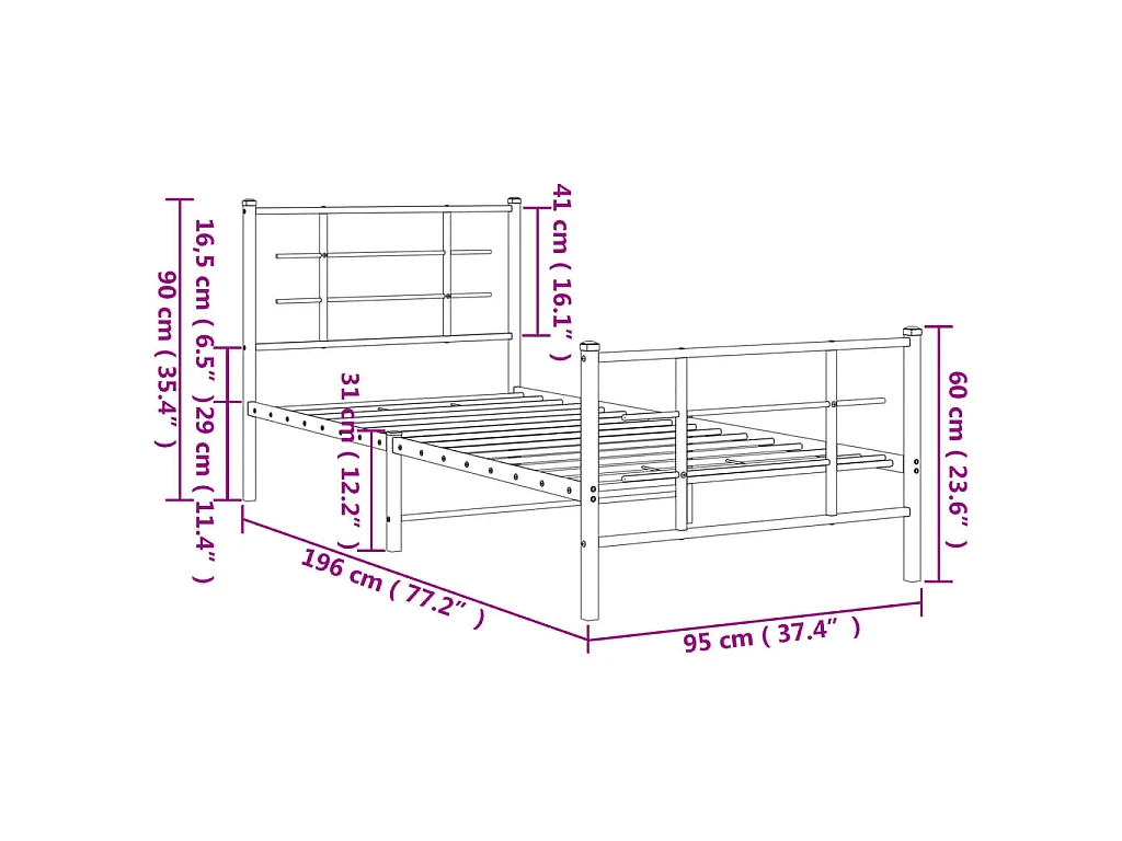 Cadre de lit métal sans matelas avec pied de lit blanc 90x190cm