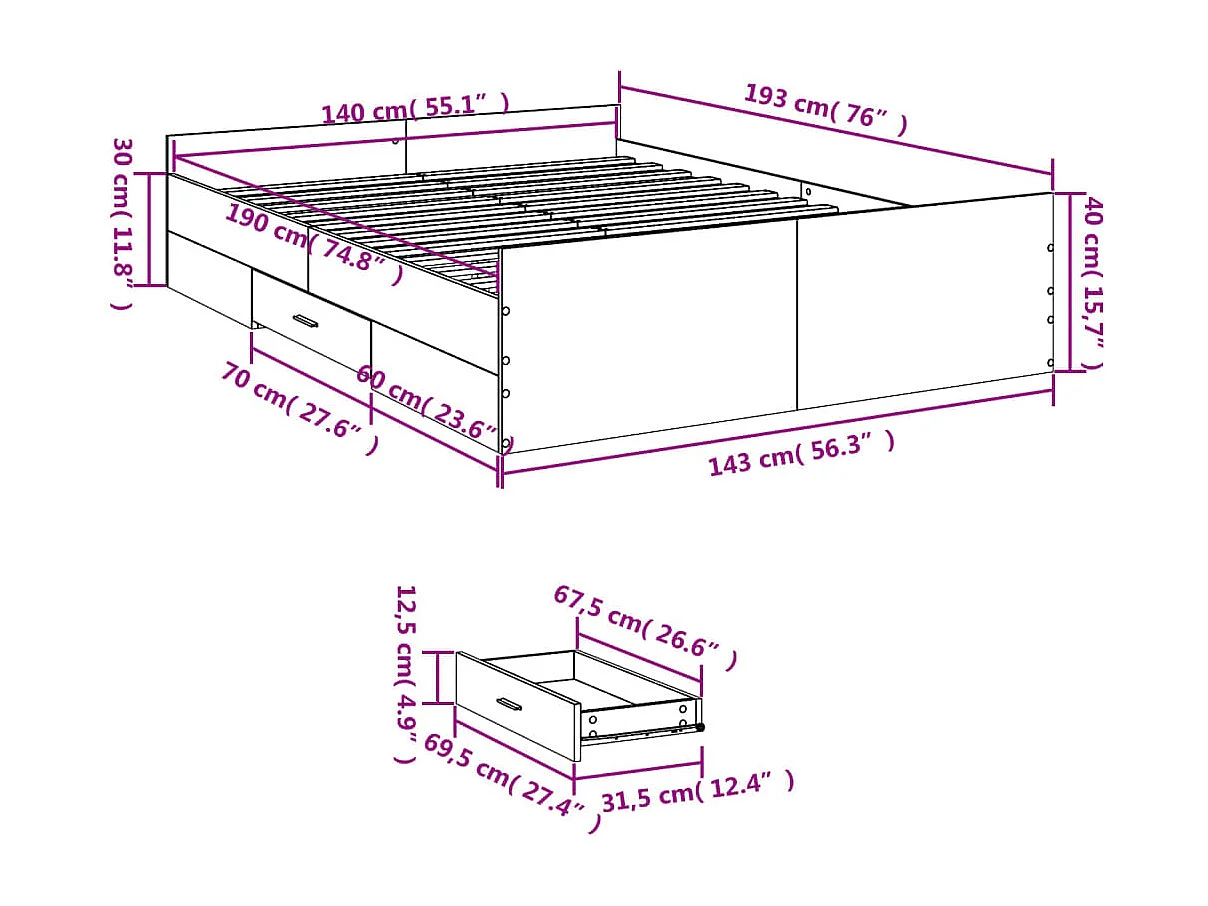 Bedframe met lades bewerkt hout gerookt eikenkleurig 140x190 cm