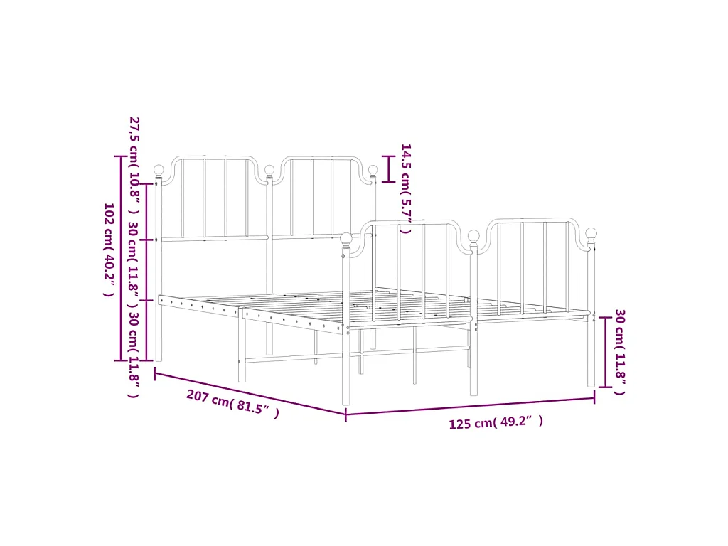 Estrutura de cama com cabeceira e pés 120x200 cm metal preto