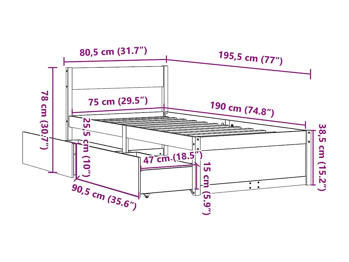 Bedframe zonder matras massief grenenhout wasbruin 75x190 cm
