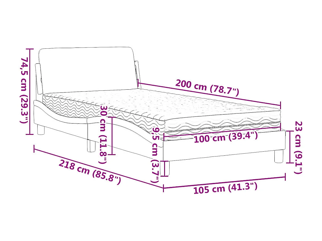 Cama com colchão Dover 100x200 cm veludo cinzento-escuro