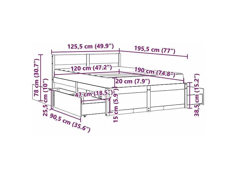 Lit avec tiroirs et matelas blanc 120x190 cm bois massif de pin