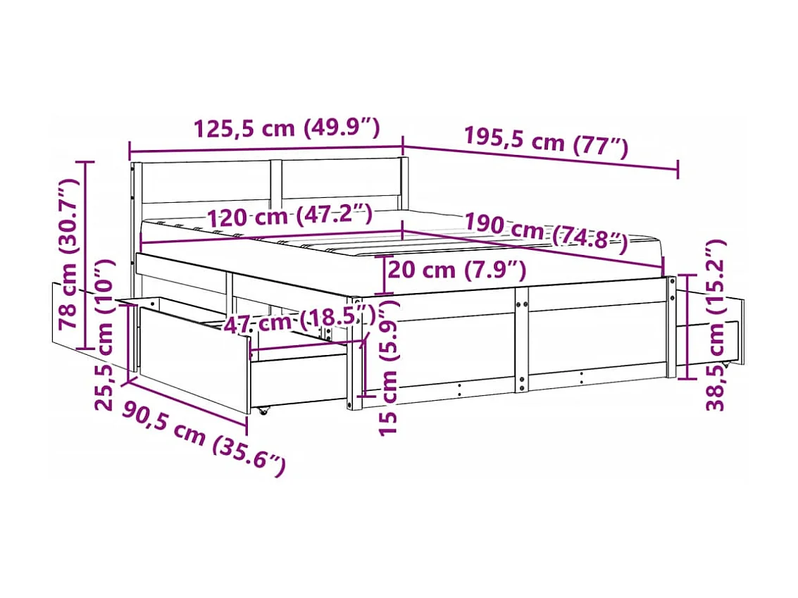 Cama com gavetas e colchão 120x190 cm pinho maciço branco
