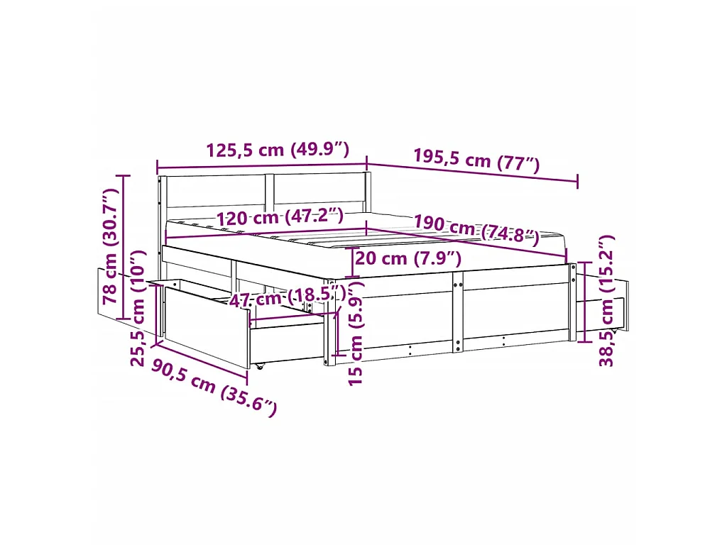 Letto Cassetti e Materasso Bianco 120x190cm Legno Massello Pino
