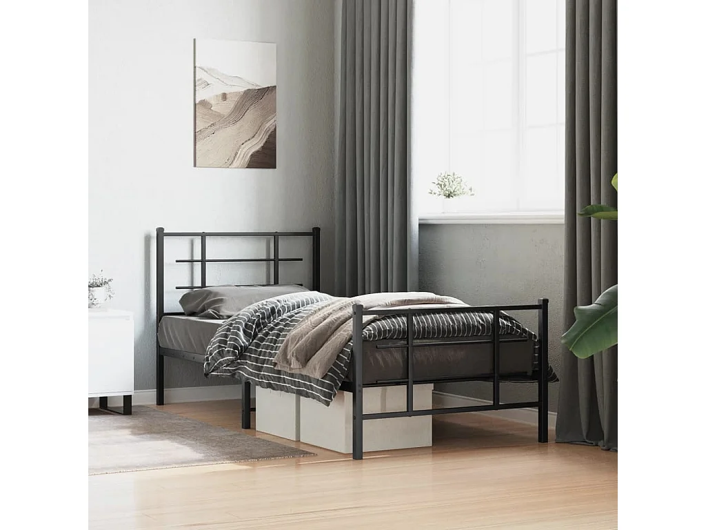 Cadre de lit métal sans matelas avec pied de lit noir 90x190 cm