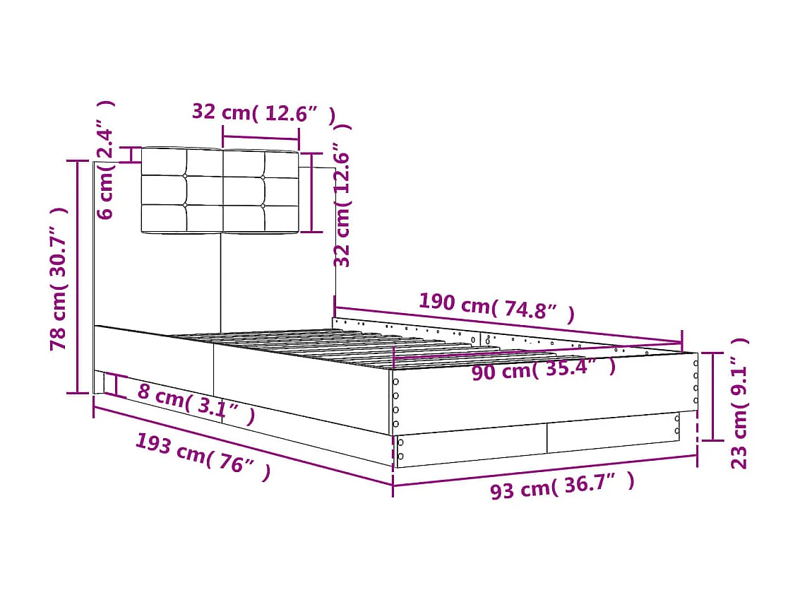 Giroletto con Testiera e LED Nero 90x190 cm