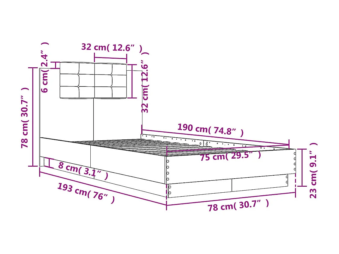 Cadre de lit avec LED sans matelas noir 75x190 cm