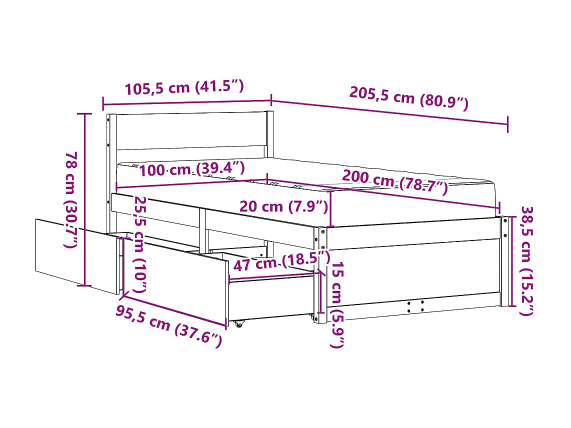 Letto Cassetti e Materasso Marrone Cera 100x200cm Massello Pino