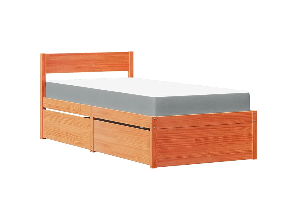 Letto Cassetti e Materasso Marrone Cera 100x200cm Massello Pino