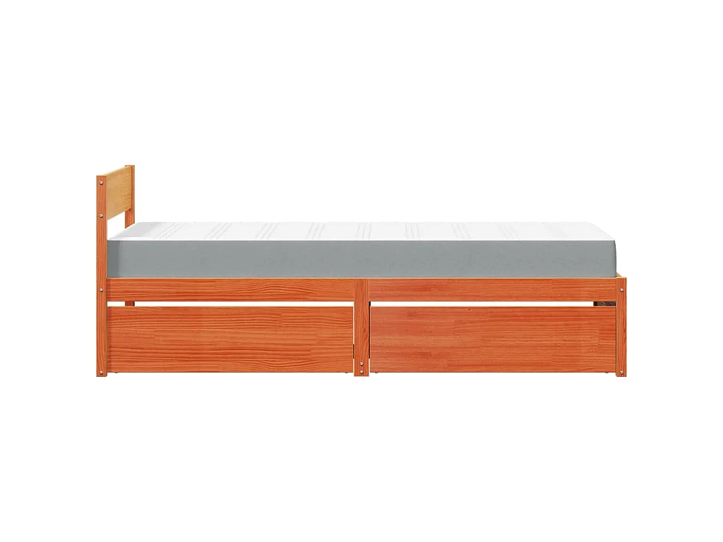 Letto Cassetti e Materasso Marrone Cera 100x200cm Massello Pino