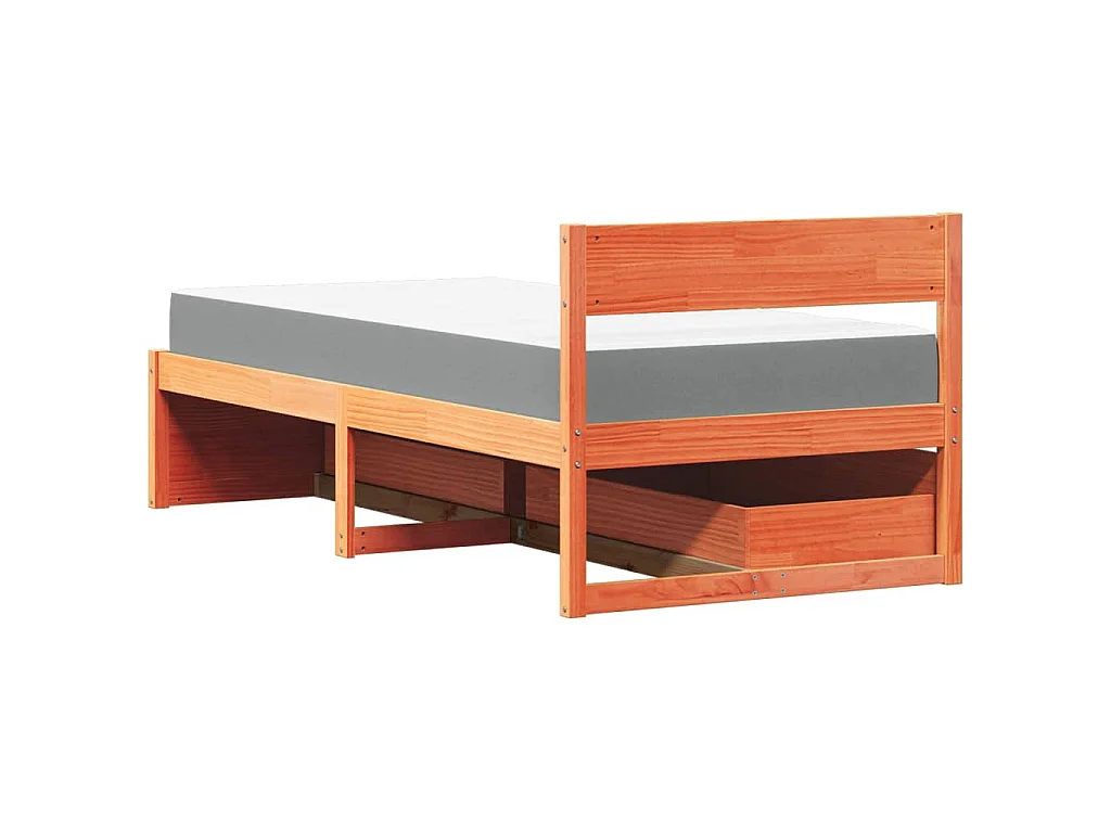 Letto Cassetti e Materasso Marrone Cera 100x200cm Massello Pino