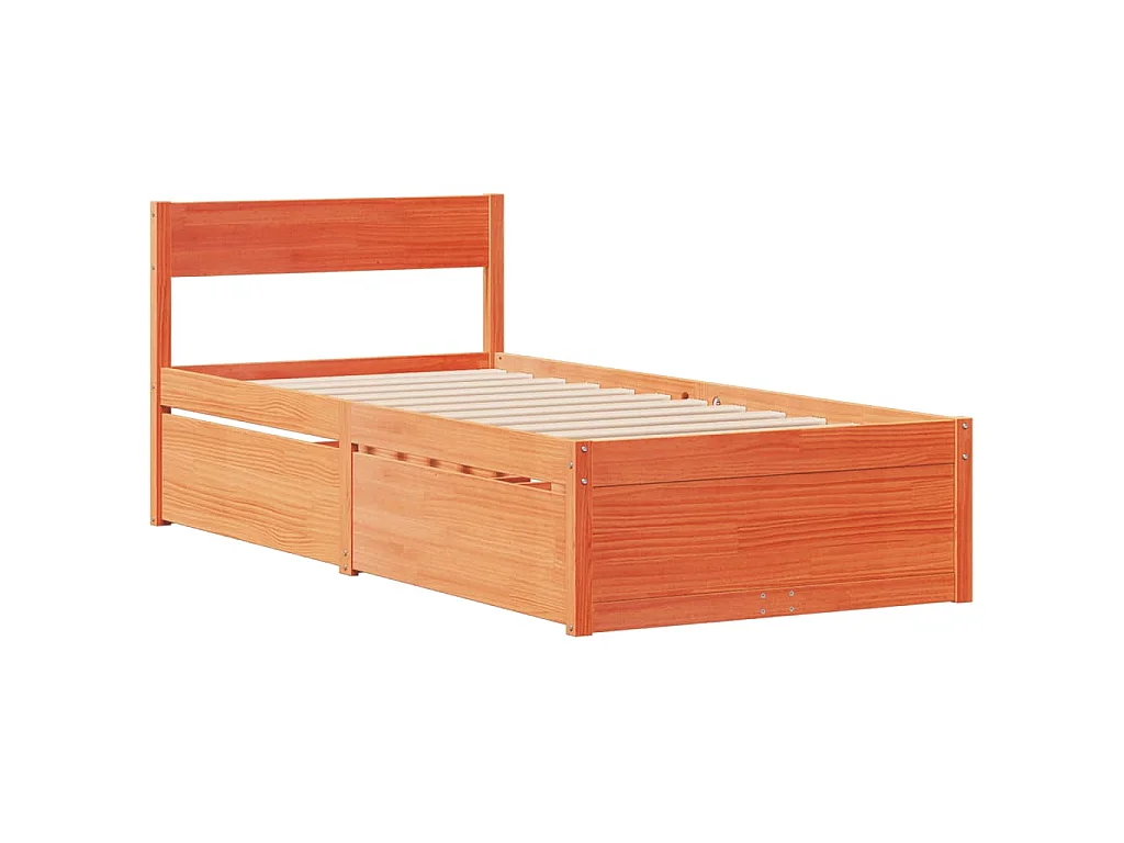 Letto Cassetti e Materasso Marrone Cera 100x200cm Massello Pino