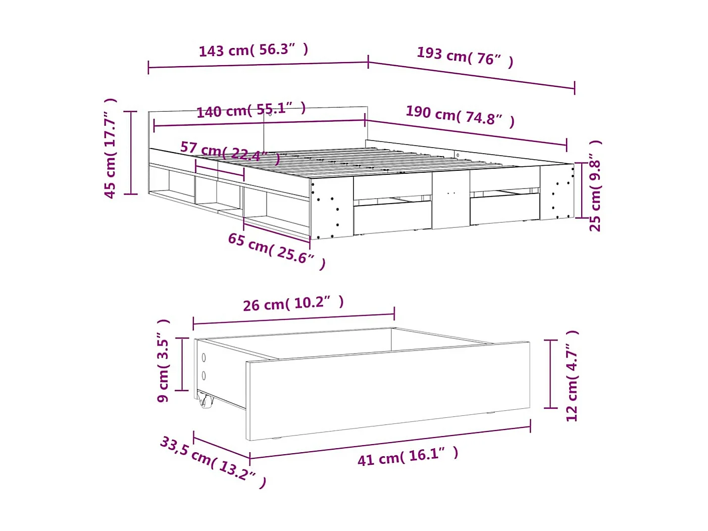Bedframe met lades bewerkt hout gerookt eikenkleurig 140x190 cm