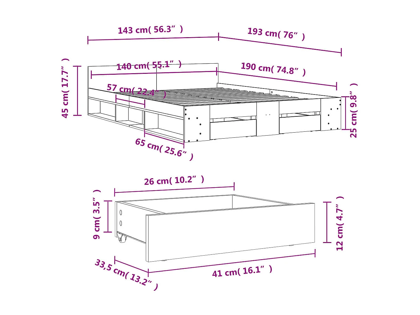 Bedframe met lades bewerkt hout gerookt eikenkleurig 140x190 cm